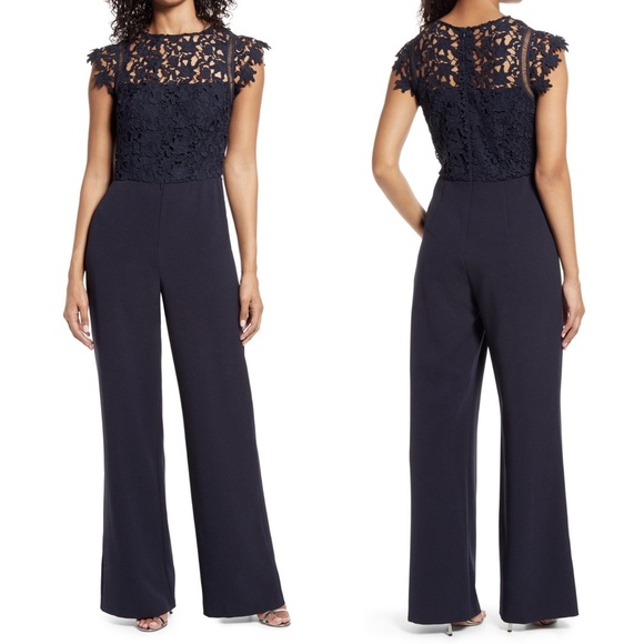 NEW Eliza J Lace Bodice Cap Sleeve Wide Leg Jumpsuit in Navy Sz. 14 - Picture 1 of 6